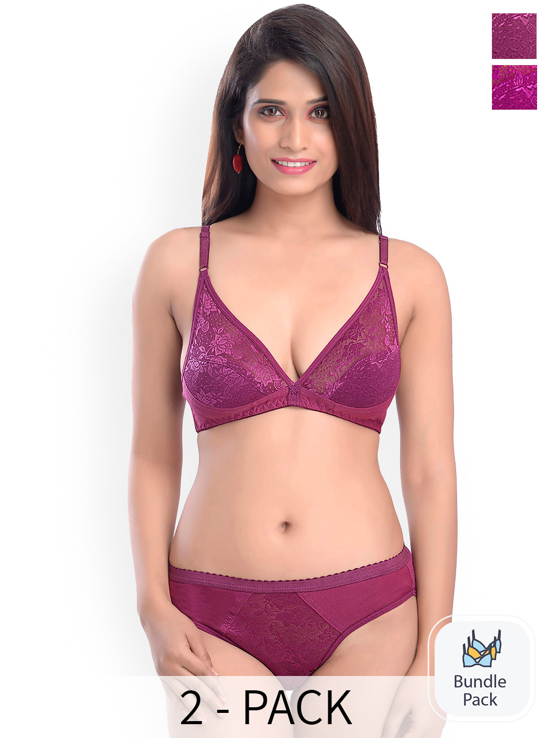 Aamarsh Pack Of 2 Self Design Laced Cotton Lingerie Set A_Safal-Set_Maroon,Pink_30