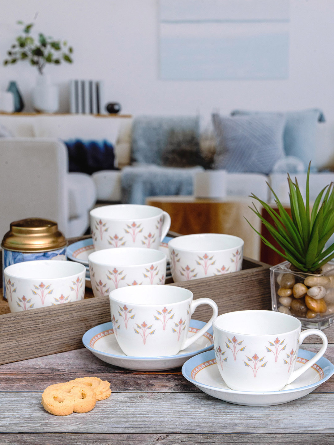 SONAKI White & Pink Floral Floral Printed Bone China Glossy Cups & Saucers 180 ml Each