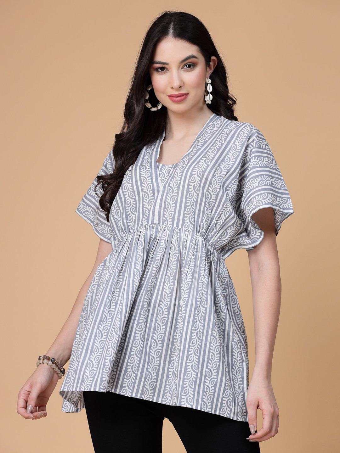 God Bless Ethnic Motifs Printed V-Neck Kimono Sleeves Pure Cotton Kaftan Longline Top