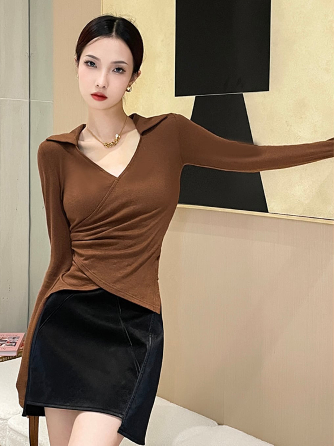 StyleCast Brown Shirt Collar Wrap Top