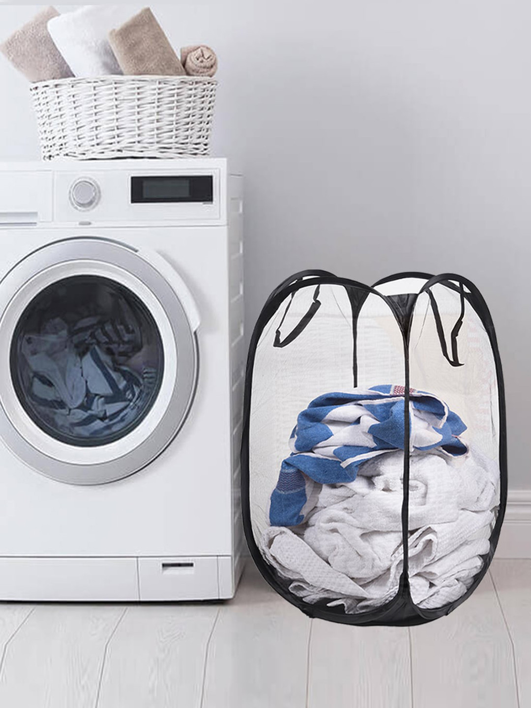 Kuber Industries Black 3 Pieces Net Foldable Laundry Bags