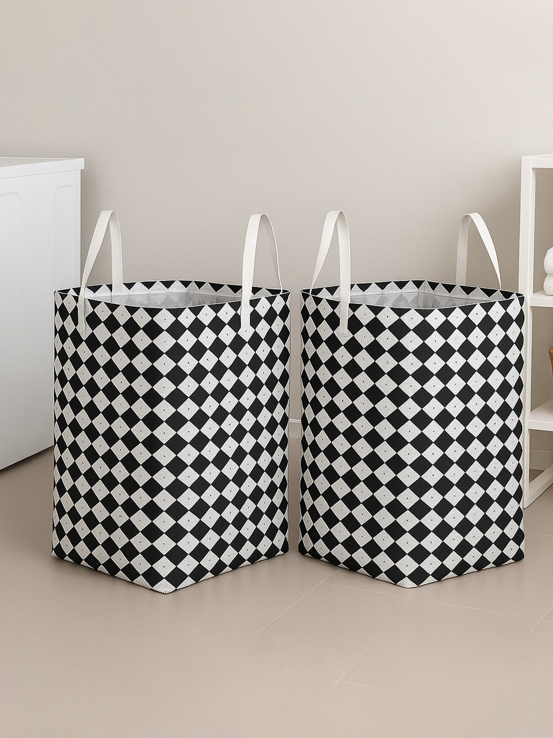 Kuber Industries 2 Pcs Black & White Checked Foldable Laundry Baskets