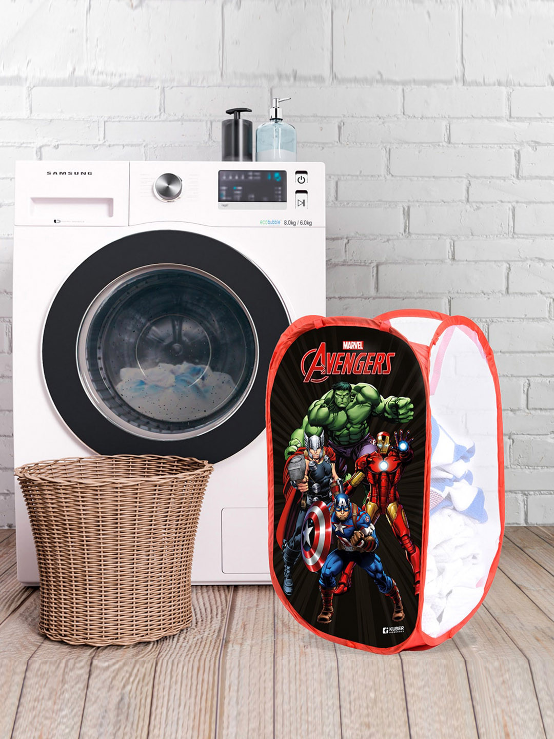 Kuber Industries 2 Pcs Black & Red Marvel Avengers Printed Foldable Laundry Bags