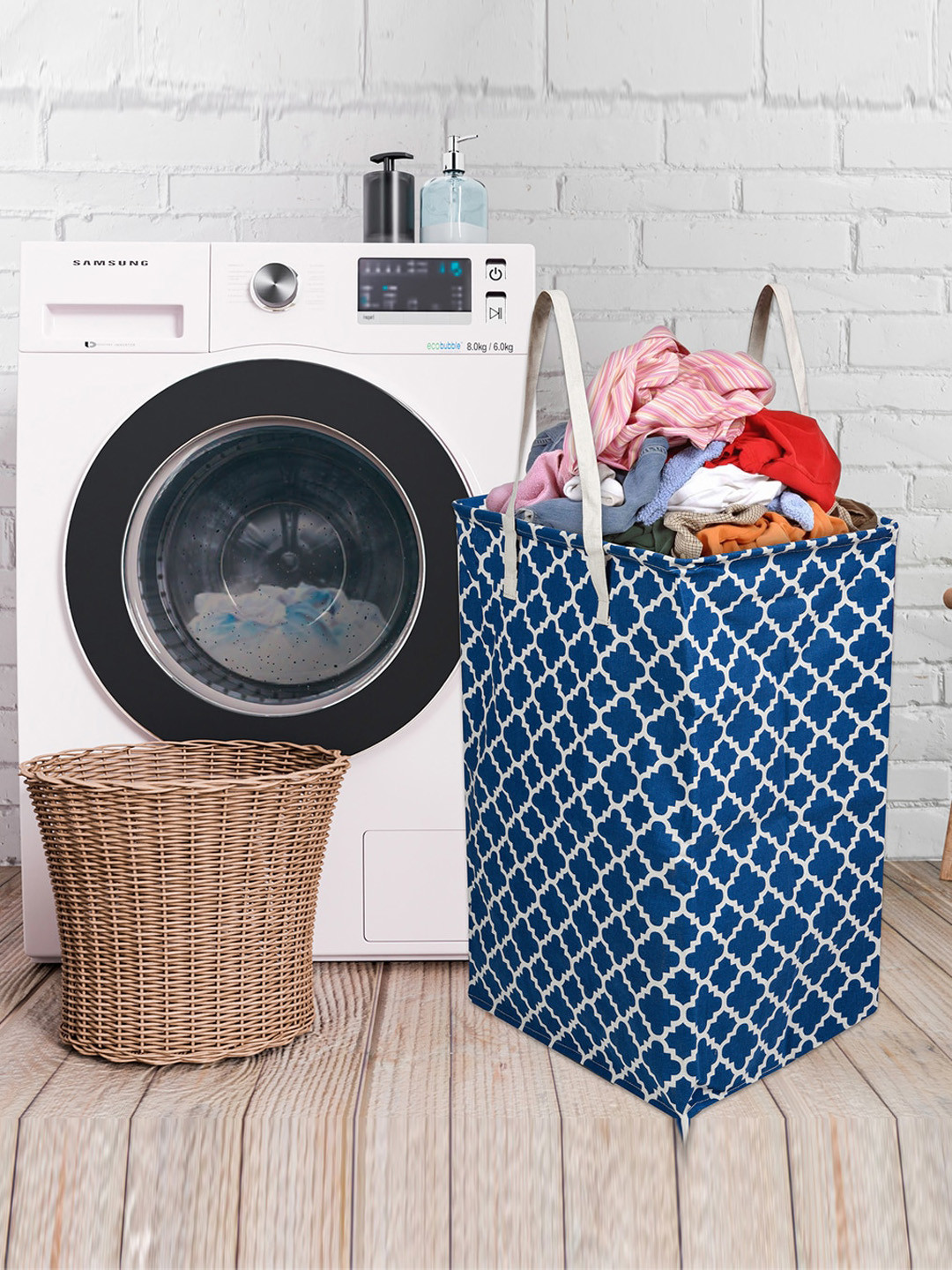 Kuber Industries Blue Printed Canvas Foldable Laundry Bags