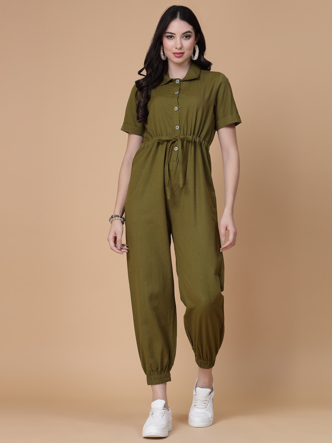 God Bless Cotton Shirt Collar Waist Tie-Ups Basic Jumpsuit