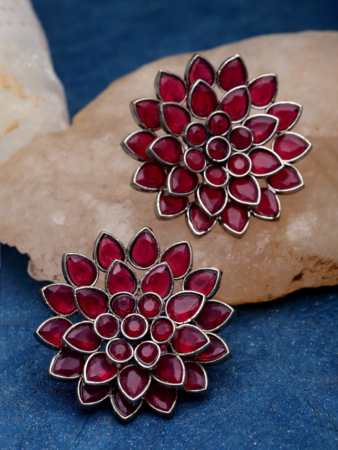 Sanjog Set Of 3 Silver-Plated Ruby Color Contemporary Floral Studs Earrings