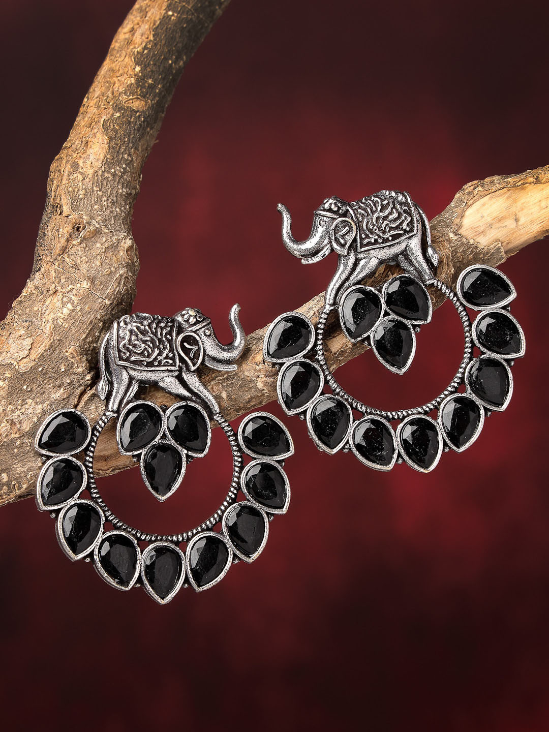 Sanjog German Silver Oxidized Stone Studded Drop Elephant Earrings