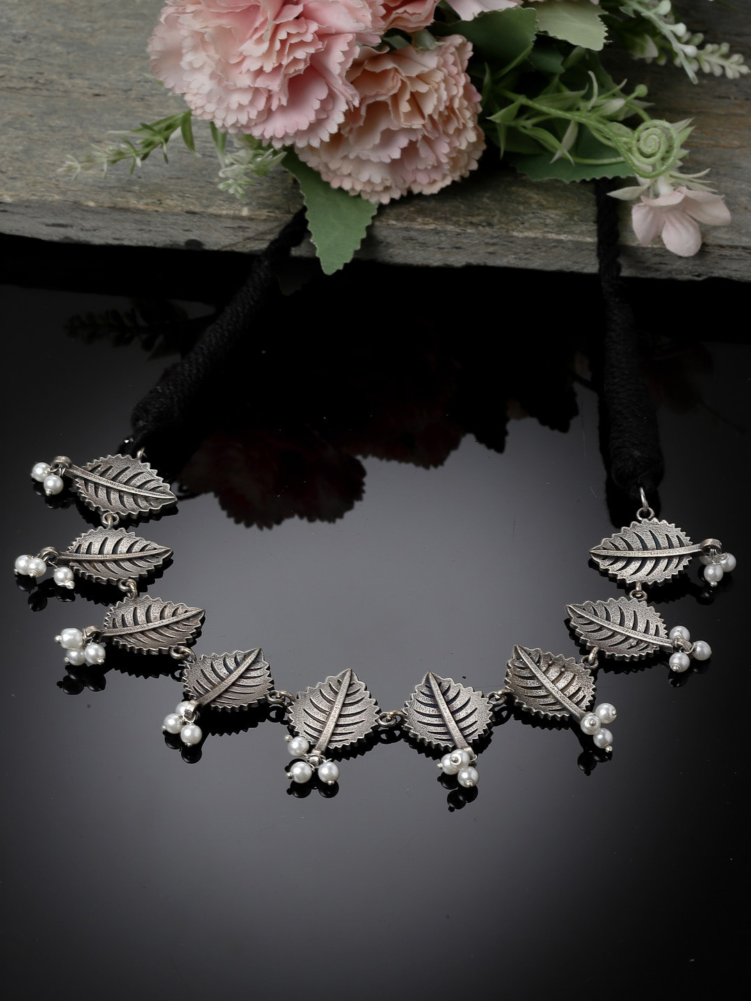 Sanjog German Silver Plated Oxidized Choker Thread Statement Tribal Necklace