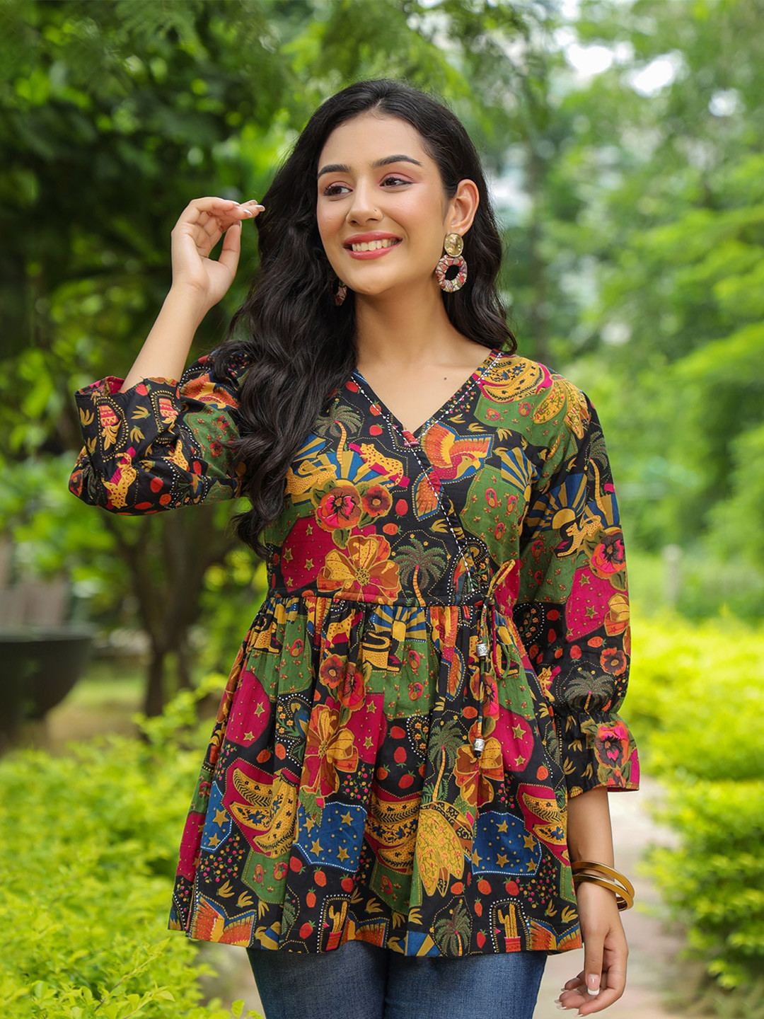 Rain & Rainbow Floral Printed Bell Sleeve Cotton Empire Top
