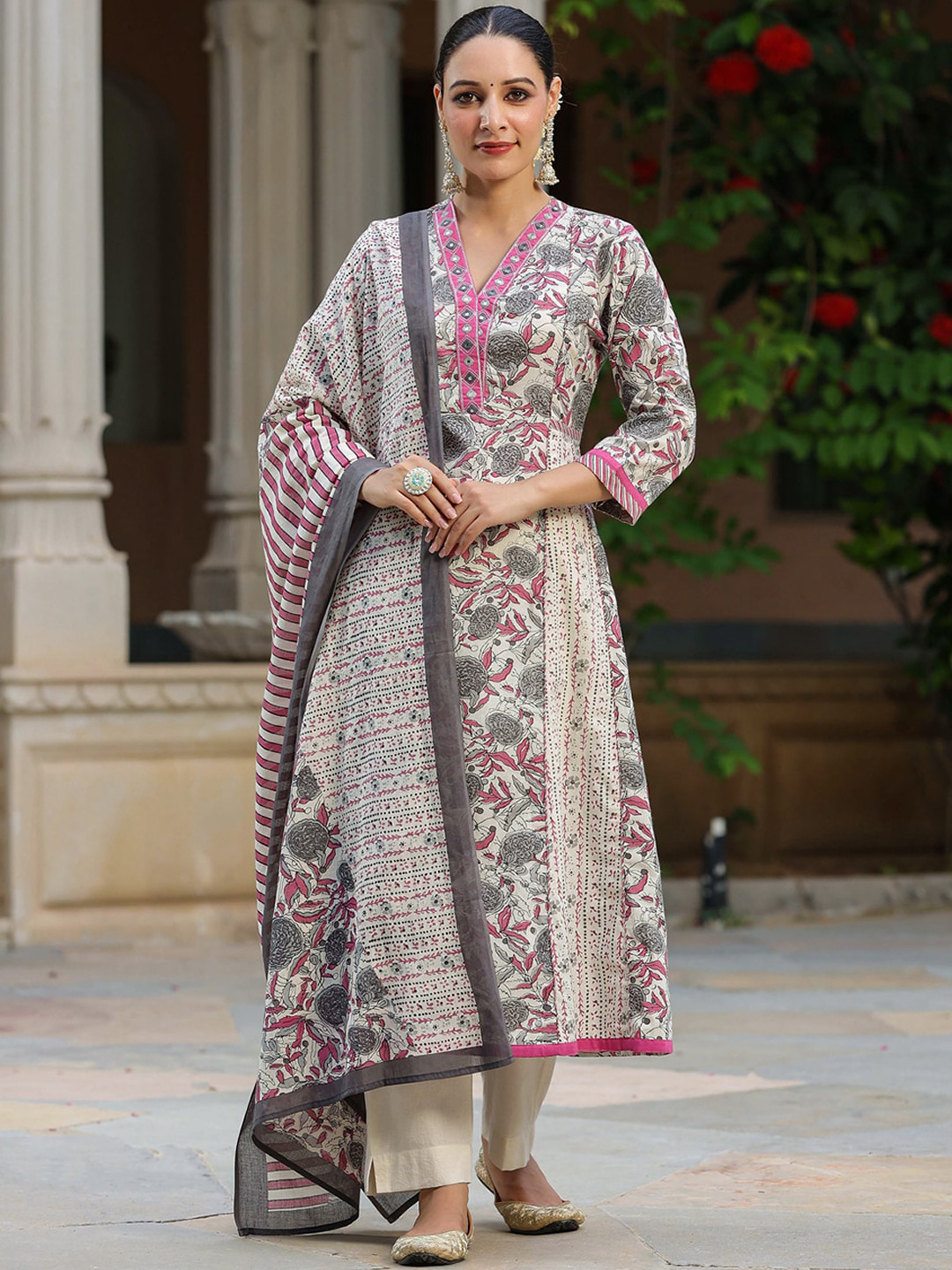Rain & Rainbow Floral Printed Mirror Work Pure Cotton Kurta with Trousers & Dupatta