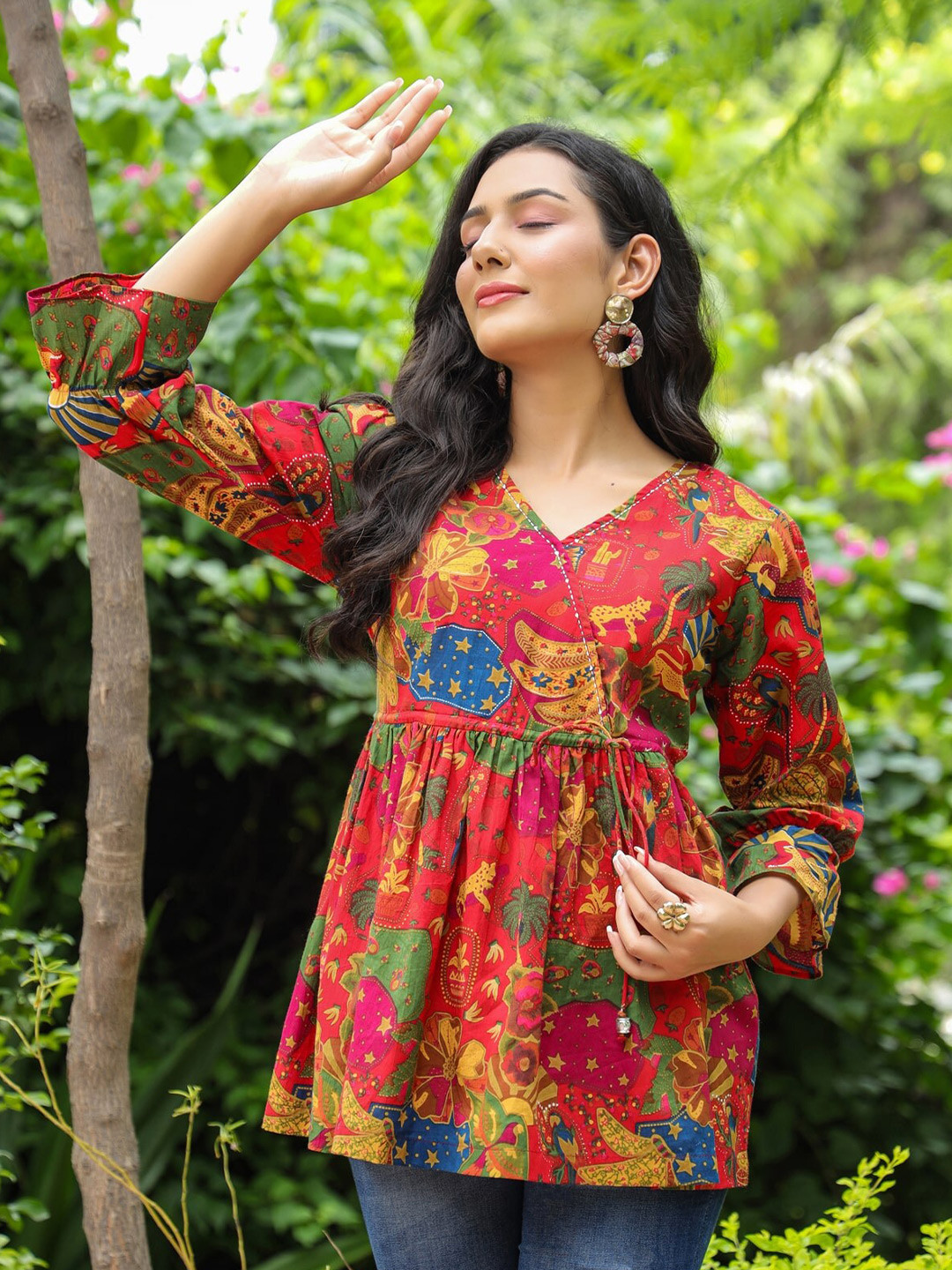 Rain & Rainbow Floral Printed Bell Sleeve Cotton Empire Top