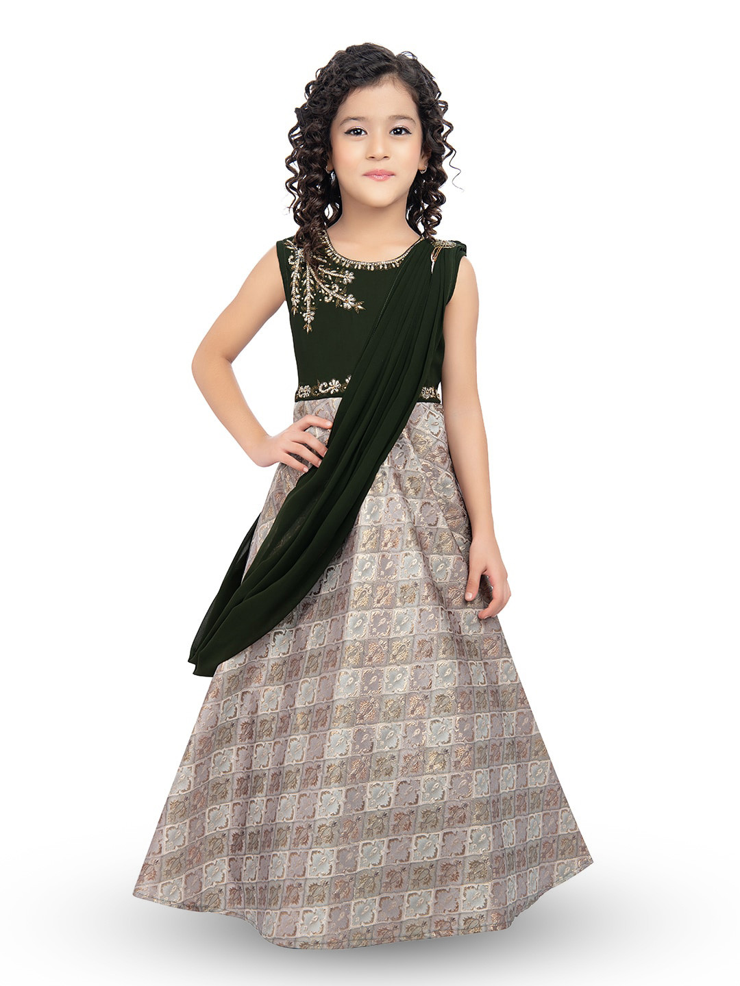 BETTY Girls Embellished Jacquard Maxi Dress With Attached Dupatta