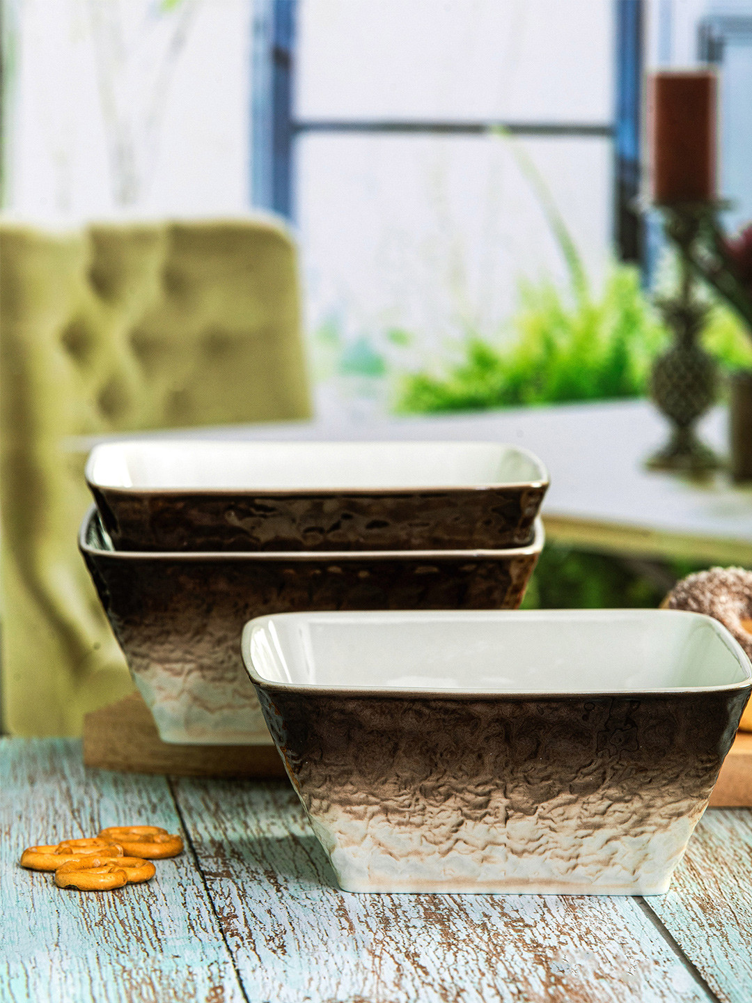 White Gold Brown & White 3 Pieces Printed Porcelain Glossy Bowls 850 ml