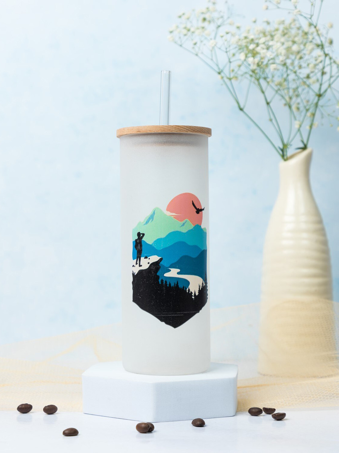 1219 Avenue White Printed Tall Frosted Tumbler with Lid & Straw