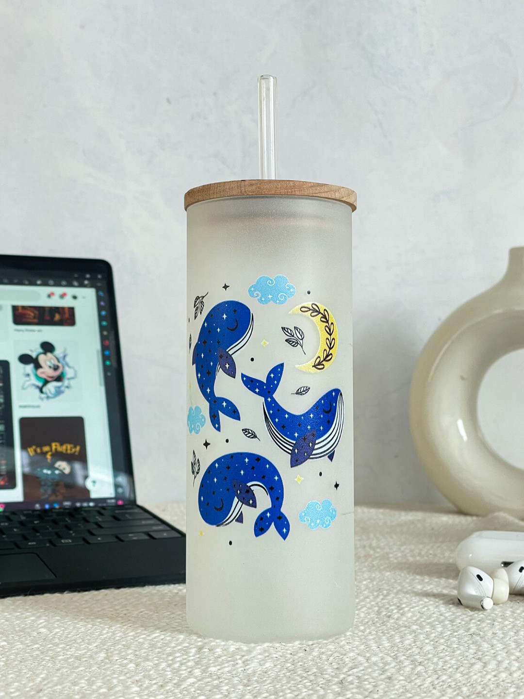 1219 Avenue Transparent Printed Tall Frosted Tumbler With Lid & Straw 650ml
