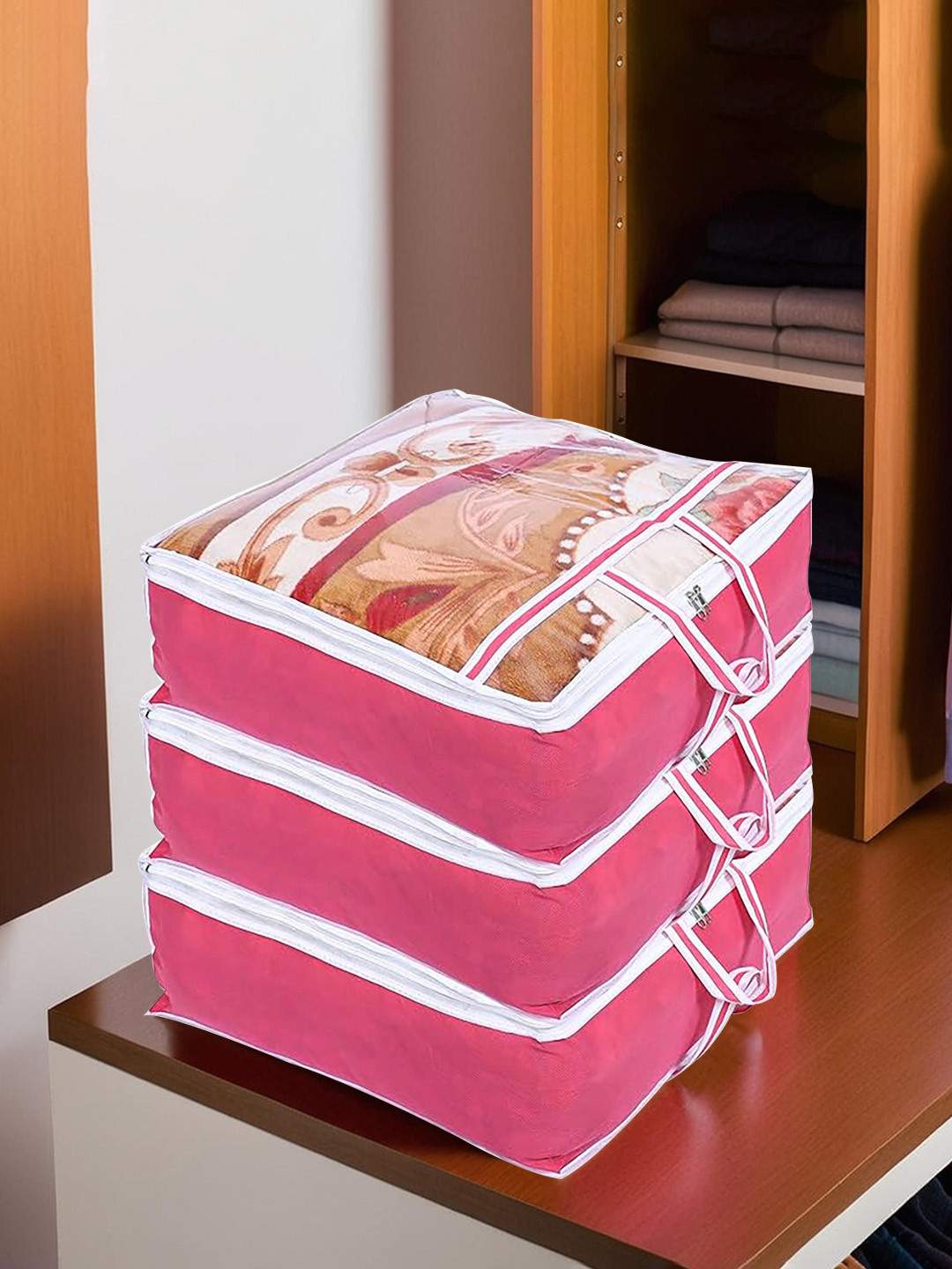 Kuber Industries Set of 3 Pink Blanket Cover Storage Bag Organisers