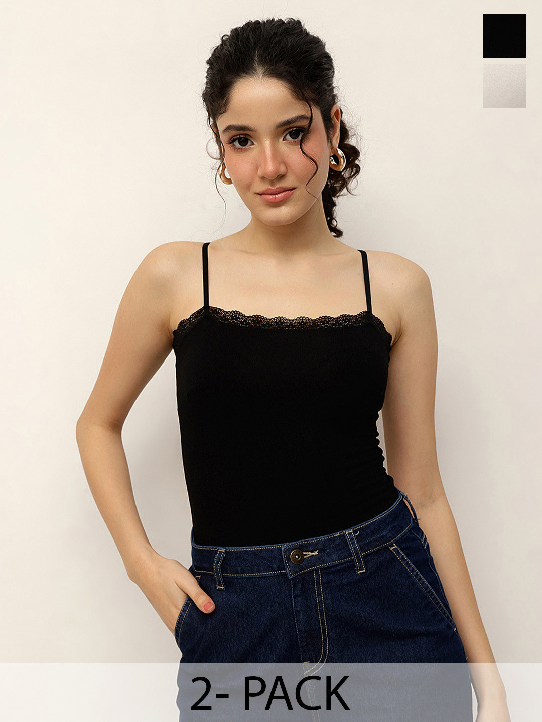 Espresso Pack Of 2 Adjustable Spaghetti Strap Lace Trim Camisoles