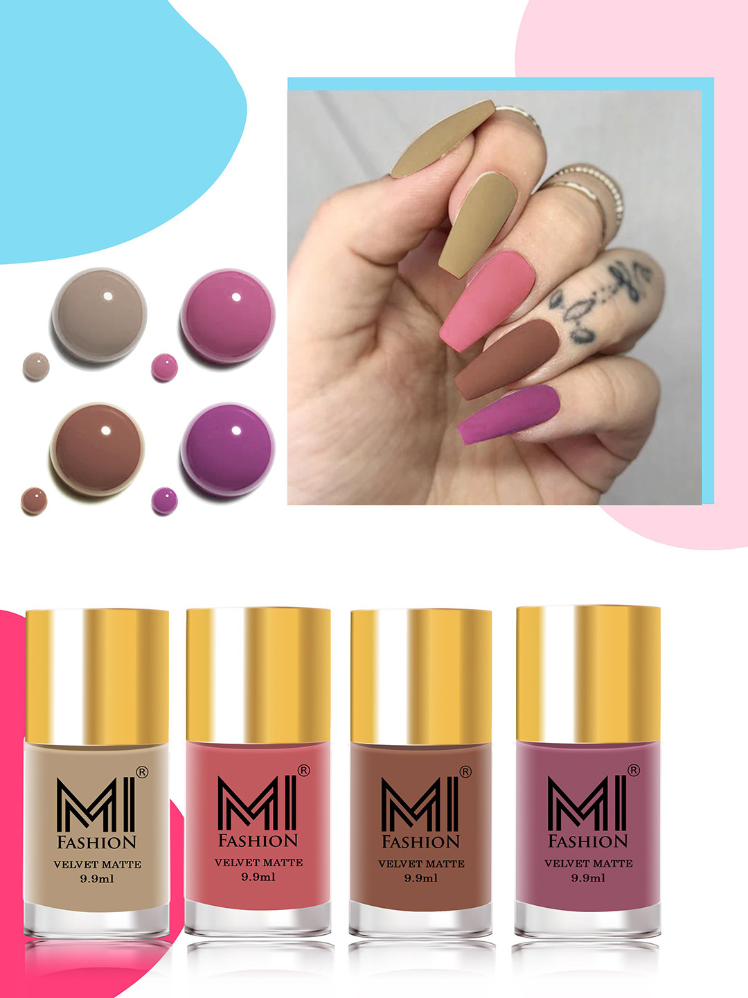 MI FASHION Velvet Matte Set Of 4 Lacquer Nail Polish 9.9ml Each - 32-35-36-39