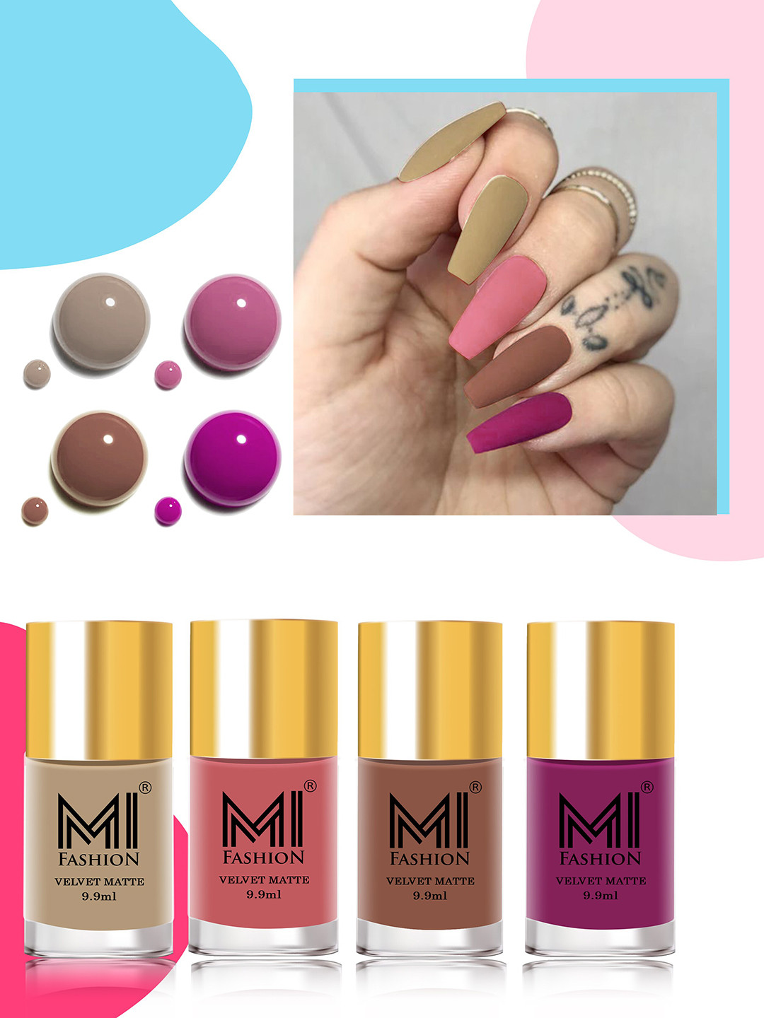 MI FASHION Set Of 4 Velvet Matte Lacquer Nail Polish 9.9ml Each - Shades 32-35-36-38