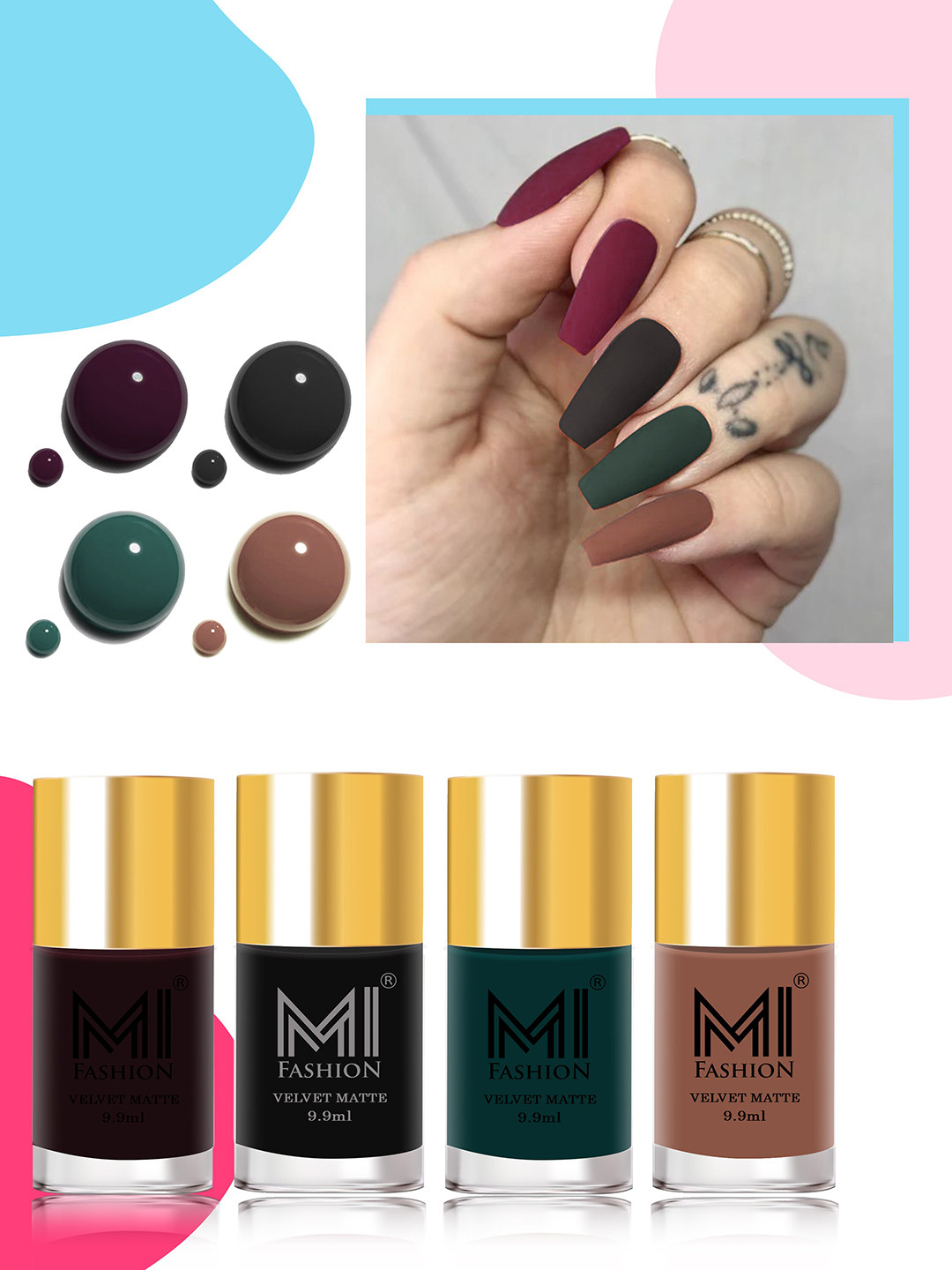 MI FASHION Set Of 4 Velvet Matte Lacquer Nail Polish 9.9ml Each - Shades 03-05-12-36