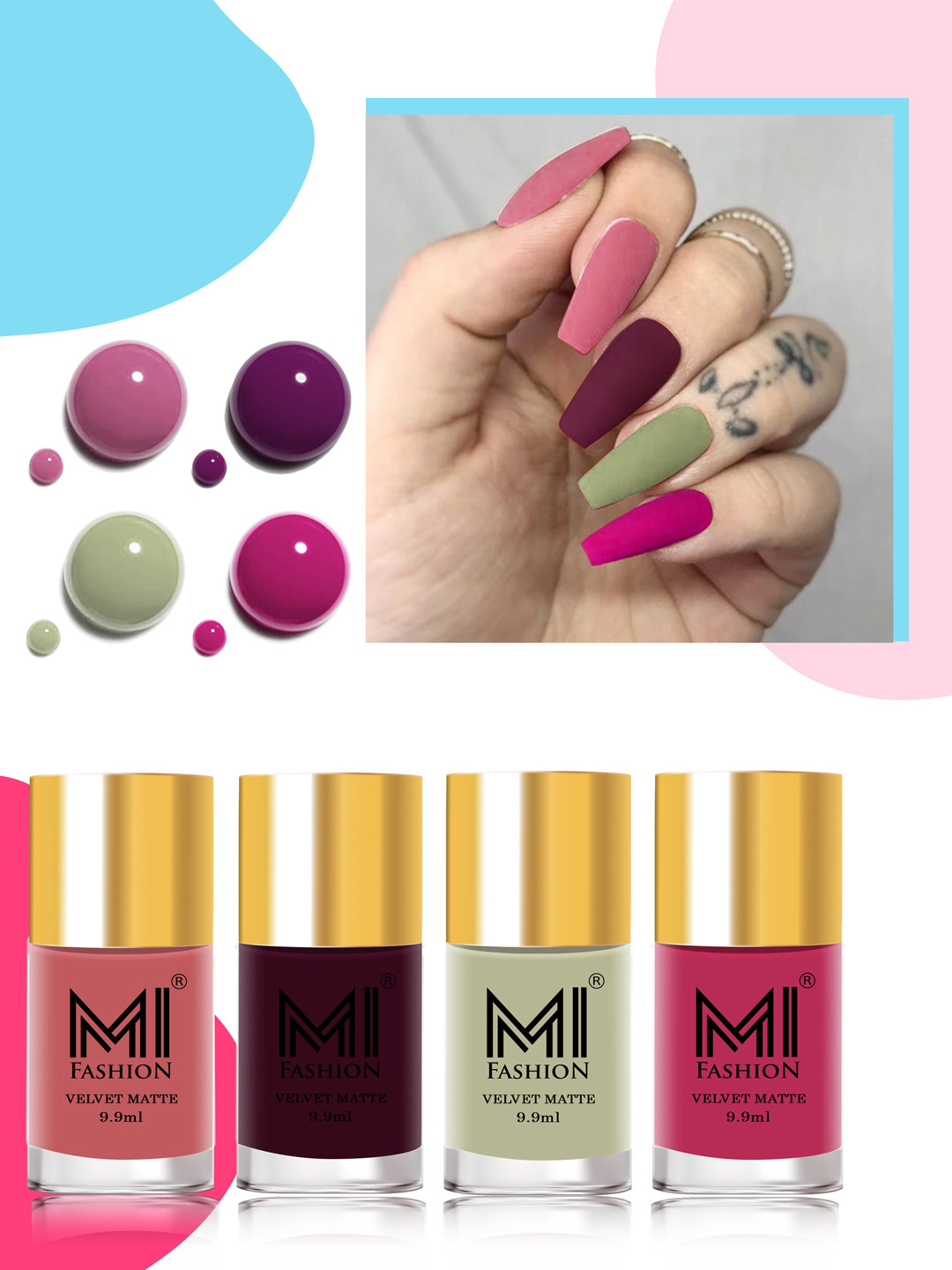 MI FASHION Set Of 4 Velvet Matte Lacquer Nail Polish 9.9ml Each - Shades 35-37-40-42
