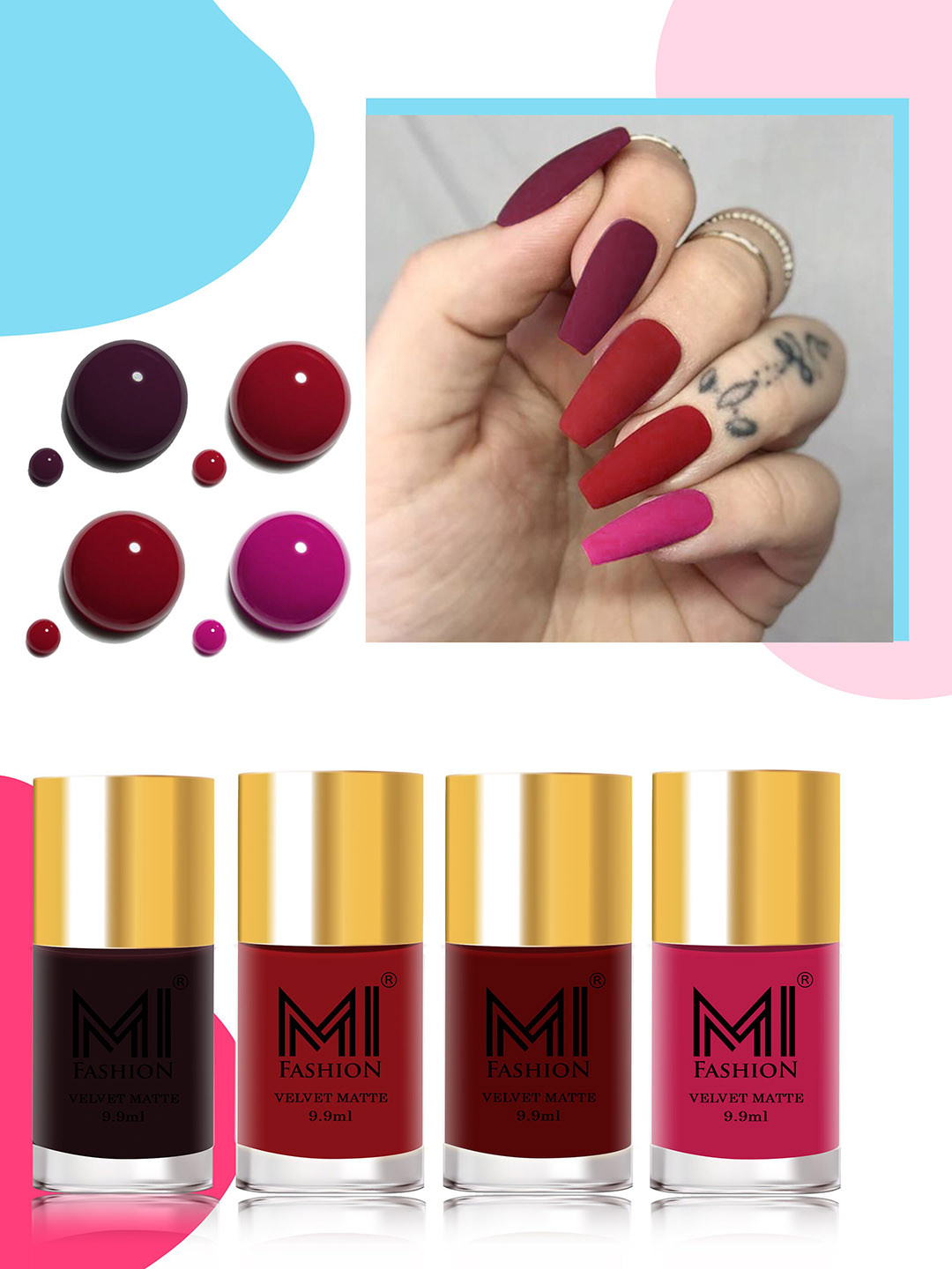 MI FASHION Velvet Matte Set of 4 Nail Polish 9.9 ml Each - Shade 03, 22, 08, 24