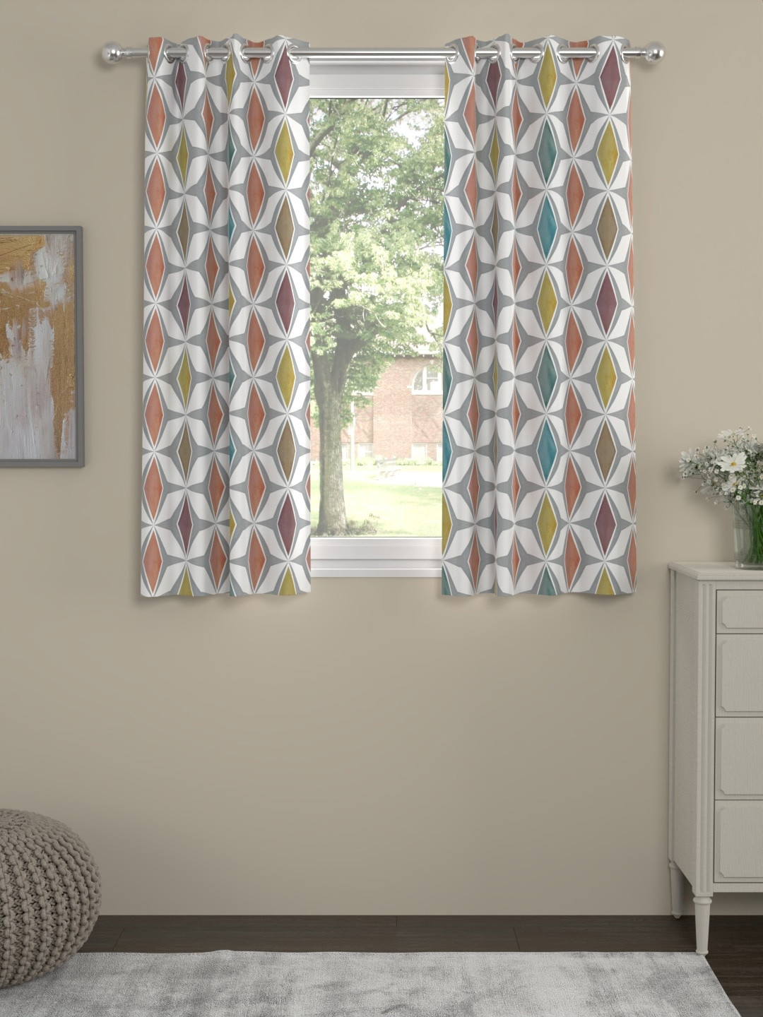 ROSARA HOME Heather Peach 2 Pieces Geometric Window Curtains