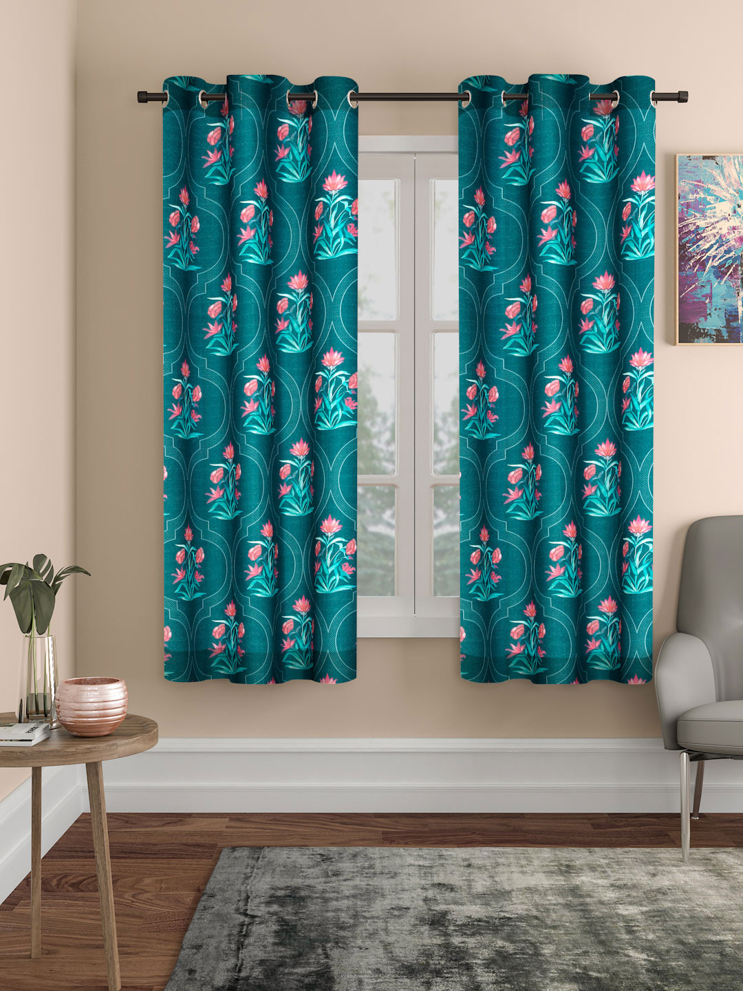 ROSARA HOME Green & Pink 2 Pieces Floarl Printed Window Curtains