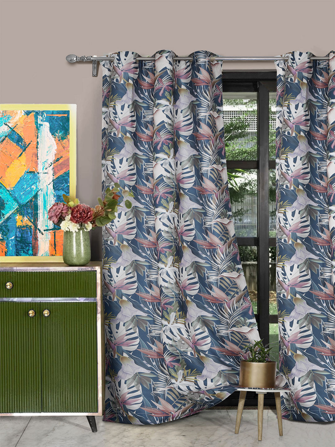 ROSARA HOME Meadow Blue 2 Pieces Floral Printed Long Door Curtains