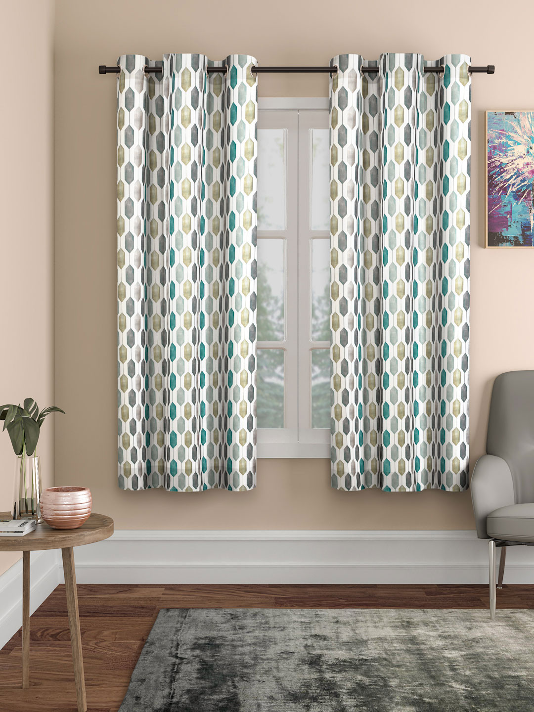 ROSARA HOME Brown 2 Pieces Geometric Window Curtains