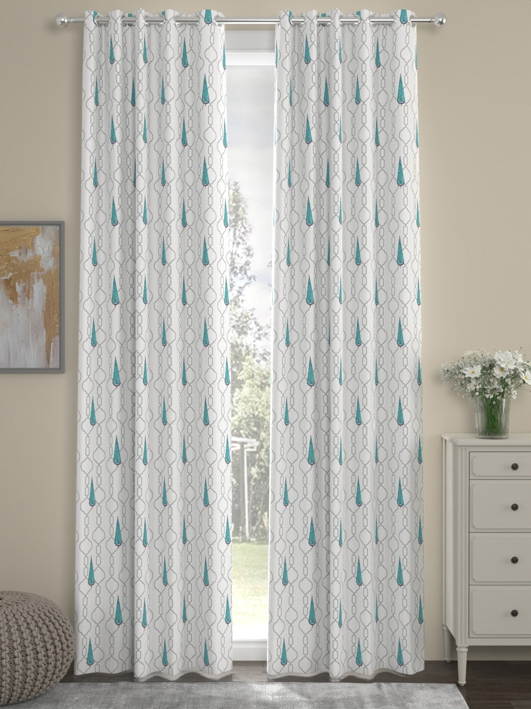 ROSARA HOME Oleander Blue 2 Pieces Ethnic Motifs Long Door Curtains