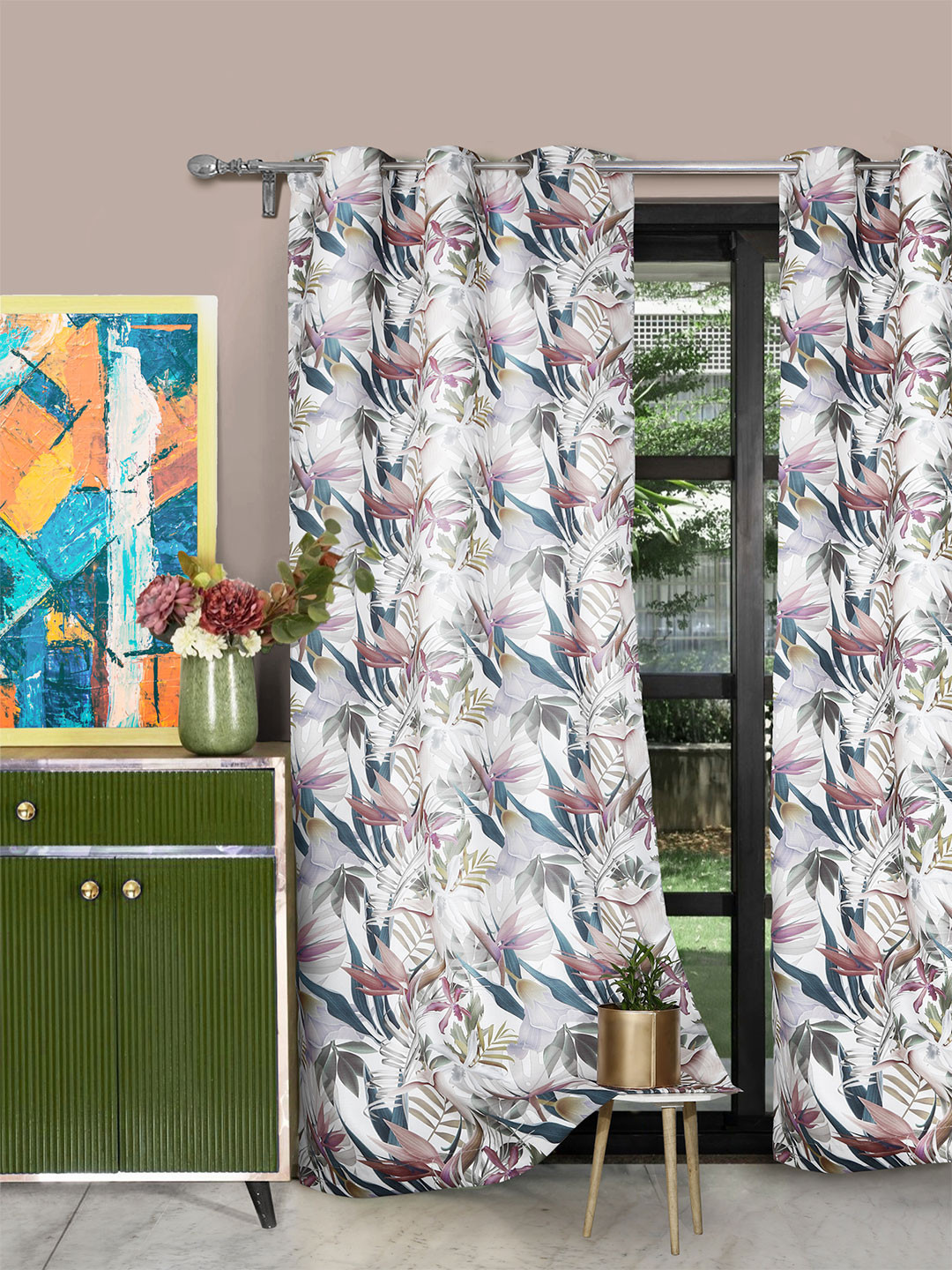 ROSARA HOME Meadow Grey & Purple 2 Pieces Floral Printed Long Door Curtains