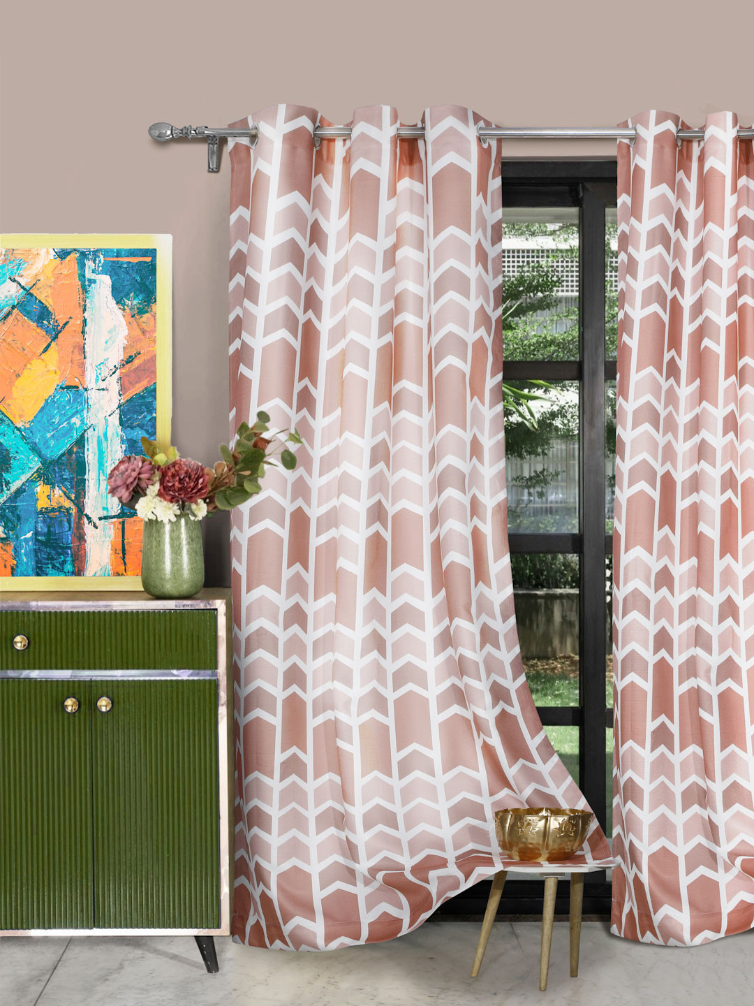 ROSARA HOME Katy Nude & White 2 Pieces Geometric Printed Long Door Curtains