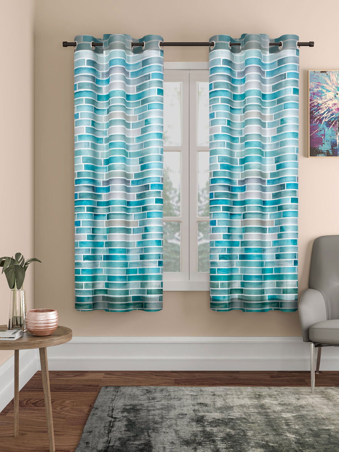 ROSARA HOME Becky Teal & White 2 Pieces Geometric Printed Window Curtains