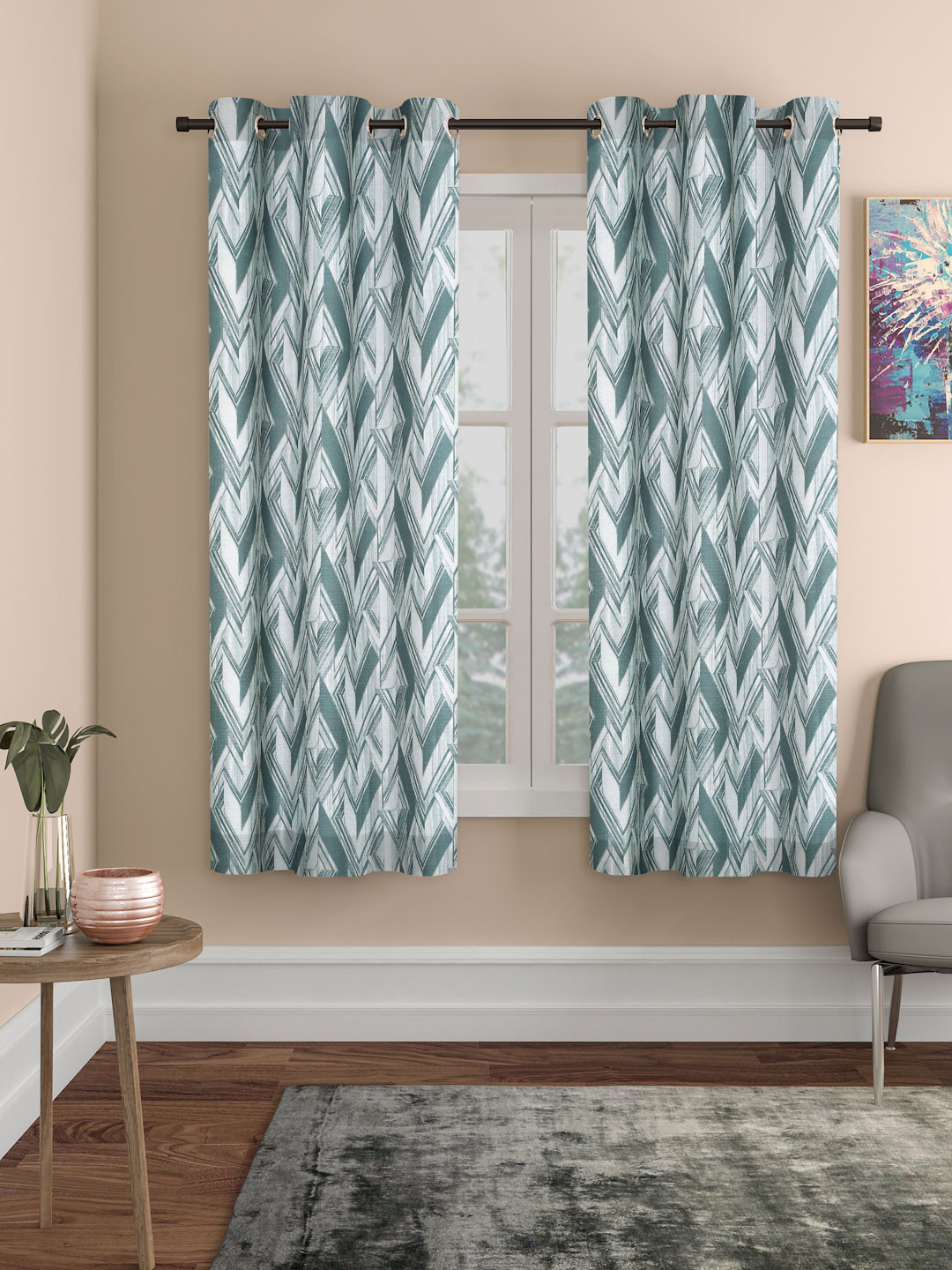 ROSARA HOME Clarke Grey 2 Pieces Geometric Printed Window Curtains