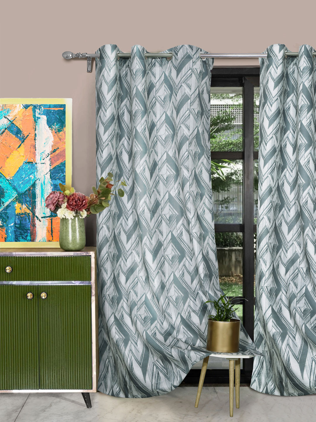 ROSARA HOME Clarke Grey 2 Pieces Geometric Printed Door Curtains