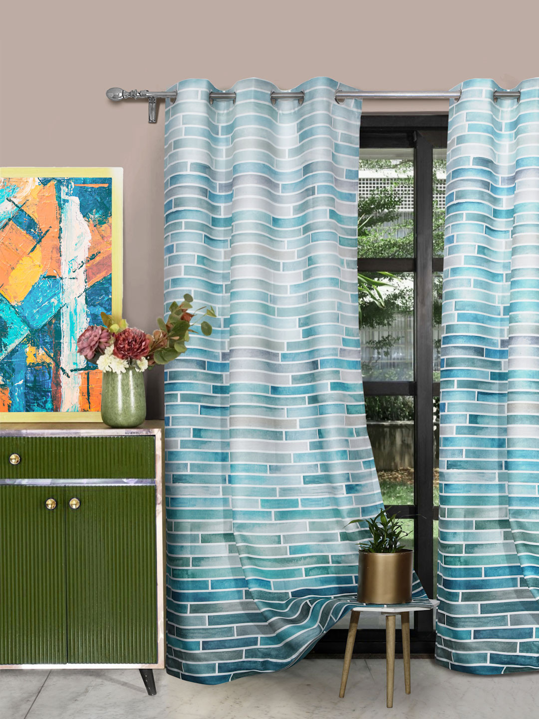 ROSARA HOME Becky Teal & Green 2 Pieces Geometric Printed Door Curtains