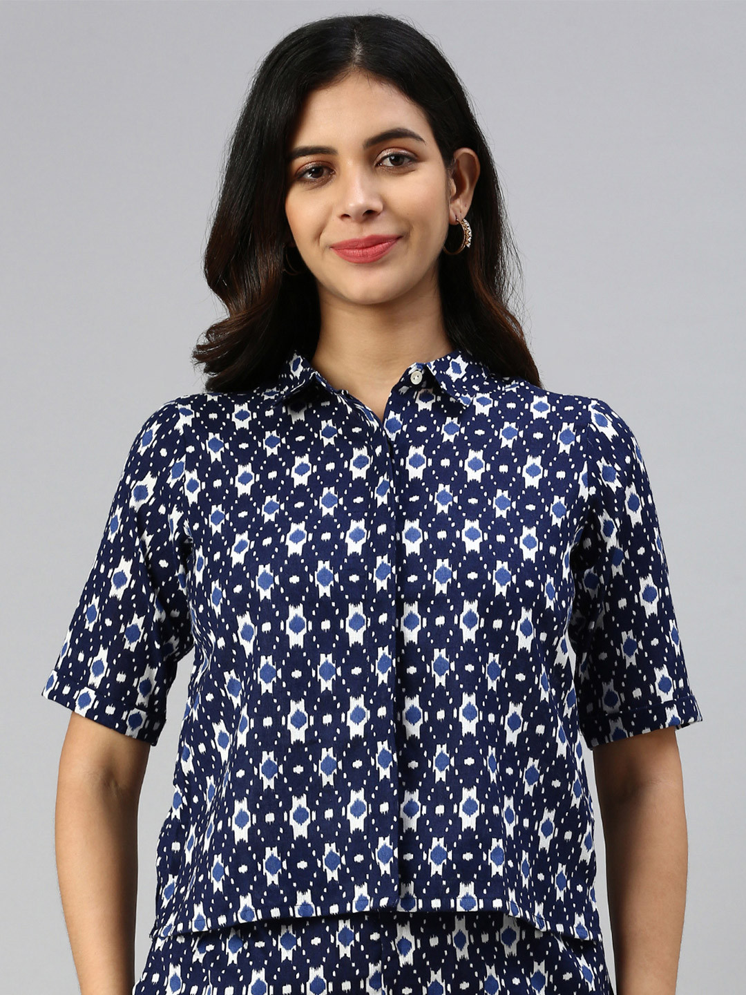 De Moza Blue Floral Print Cotton Shirt Style Top