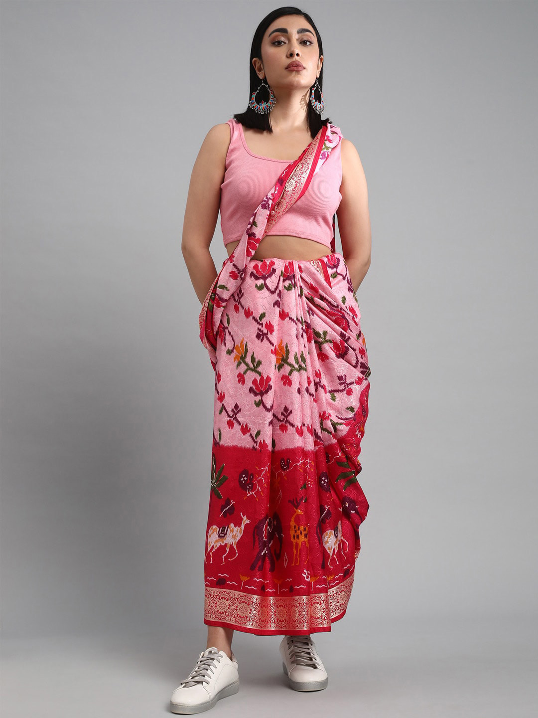 Mitera Pink & Red Floral Woven Design Zari Pochampally Saree