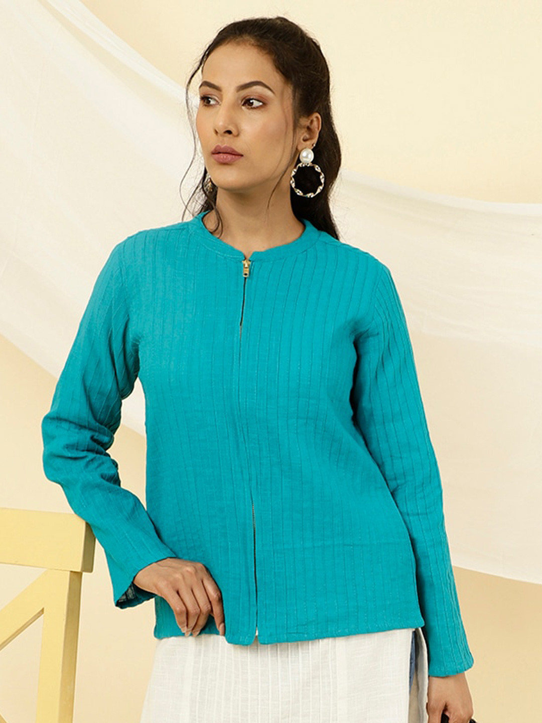 Jaipur Kurti Striped Mandarin Collar Cotton Tailored Jacket