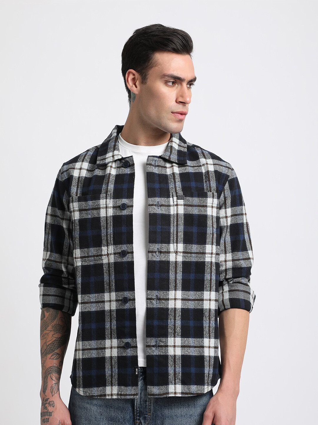 THE BEAR HOUSE Men Checked Heavy Flannel Pure Cotton Shacket Slim Fit Shirt