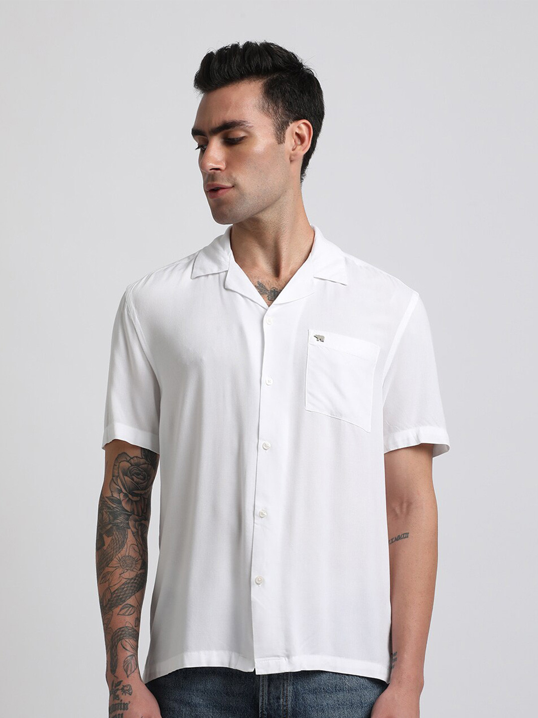 THE BEAR HOUSE Cuban Collar Cotton Casual Shirt
