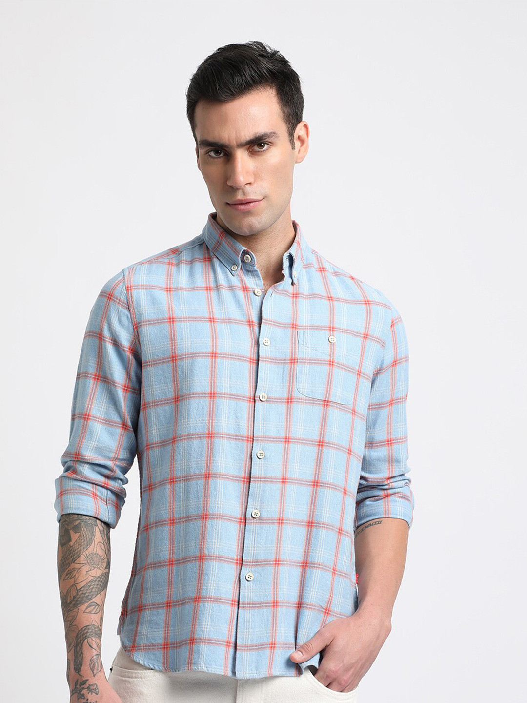 THE BEAR HOUSE Slim Fit Windowpane Checks Twill Pure Cotton Casual Shirt