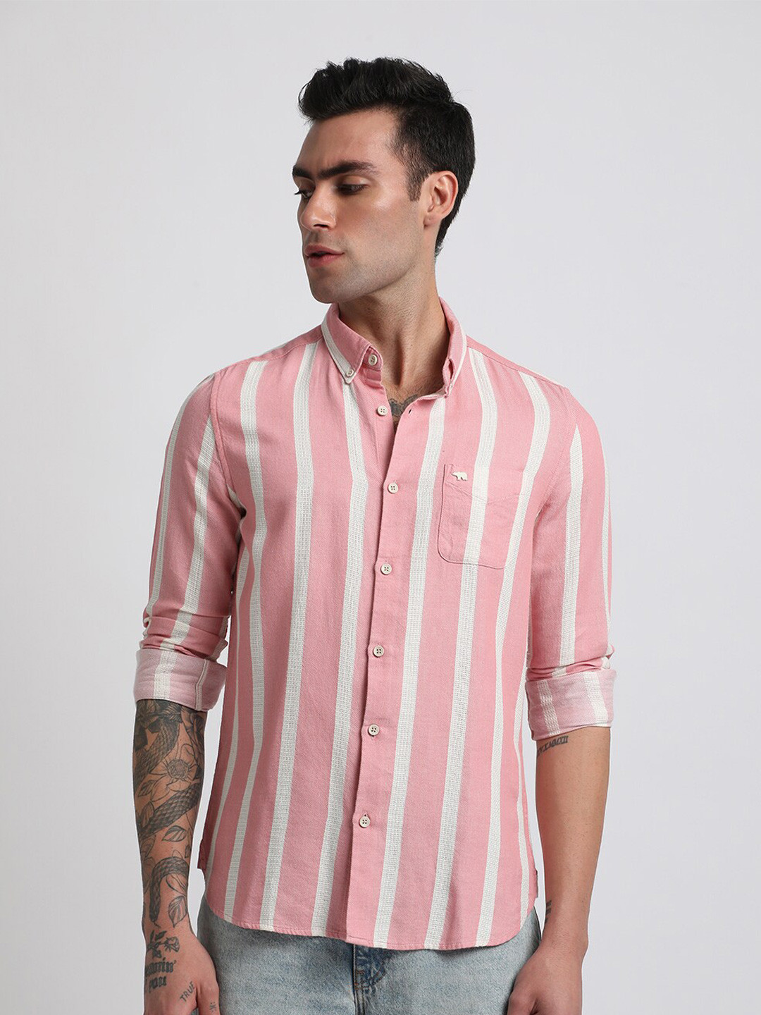 THE BEAR HOUSE Slim Fit Striped Button-Down Collar Twill Long Sleeve Casual Shirt