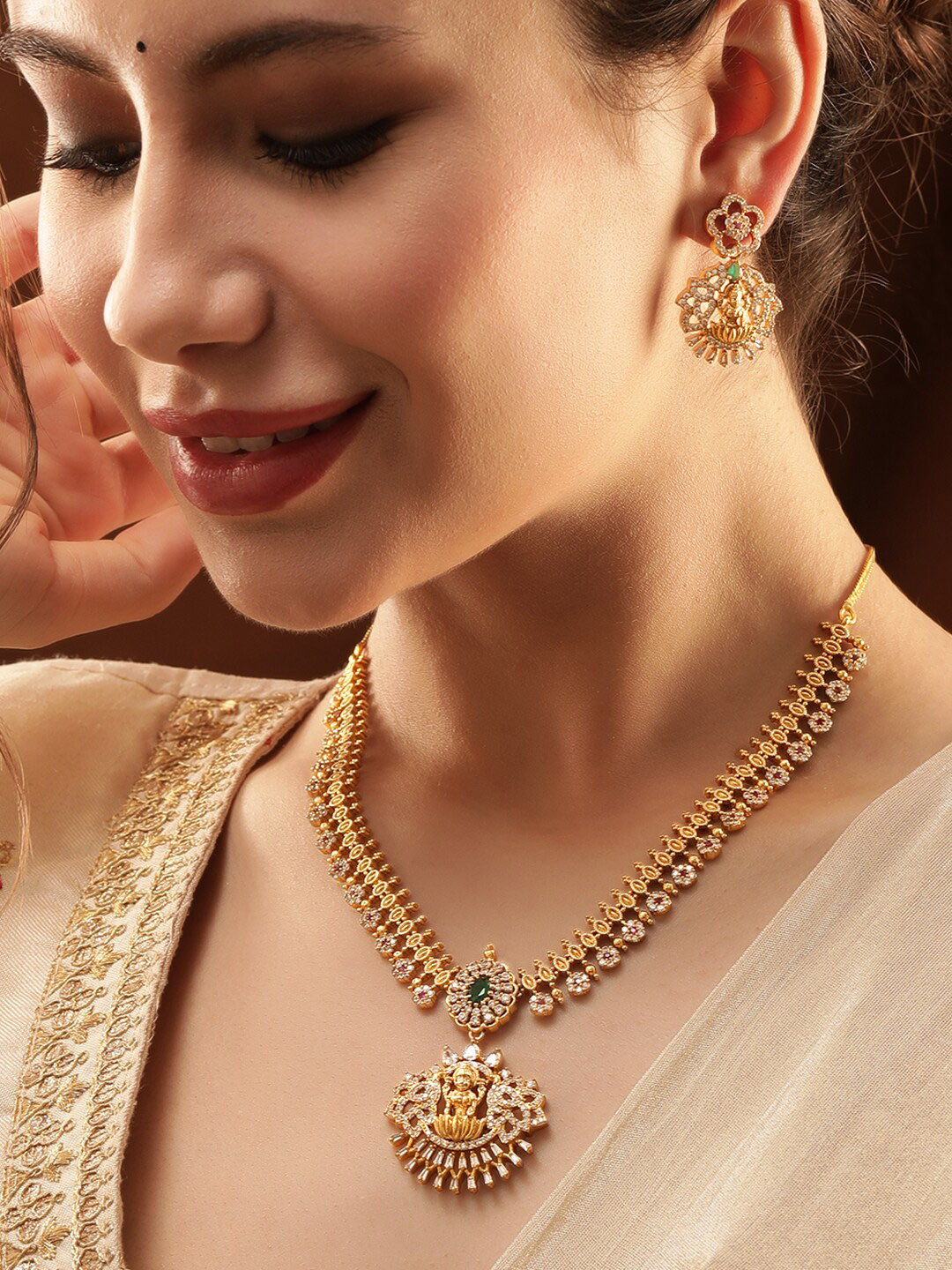 Rubans 22K Gold-Plated Emerald & CubicZirconia Temple Necklace Set with Divine Laxmi Motif