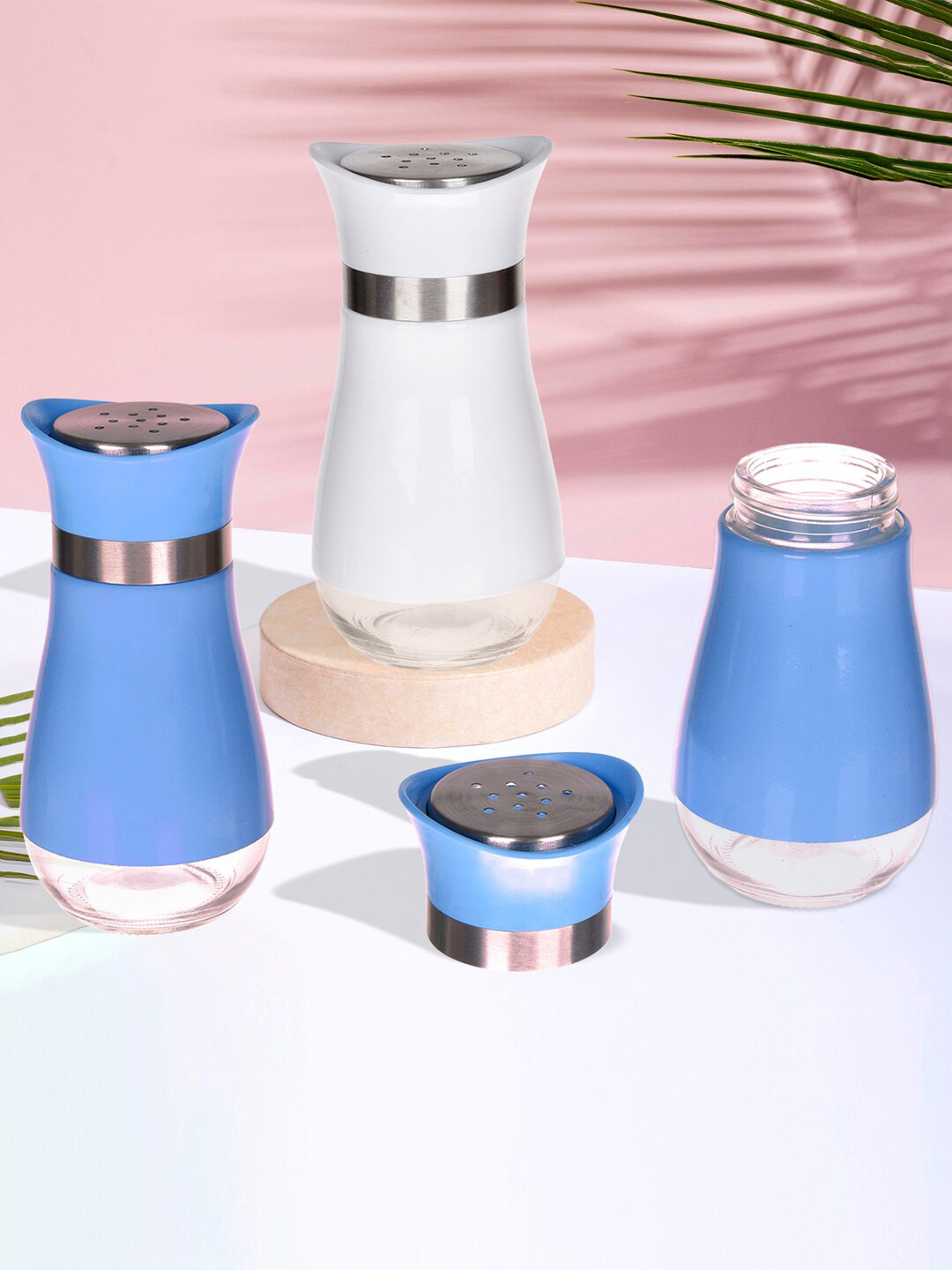 Kuber Industries Blue & White 3 Pieces Stainless Steel Salt & Pepper Masala Boxs