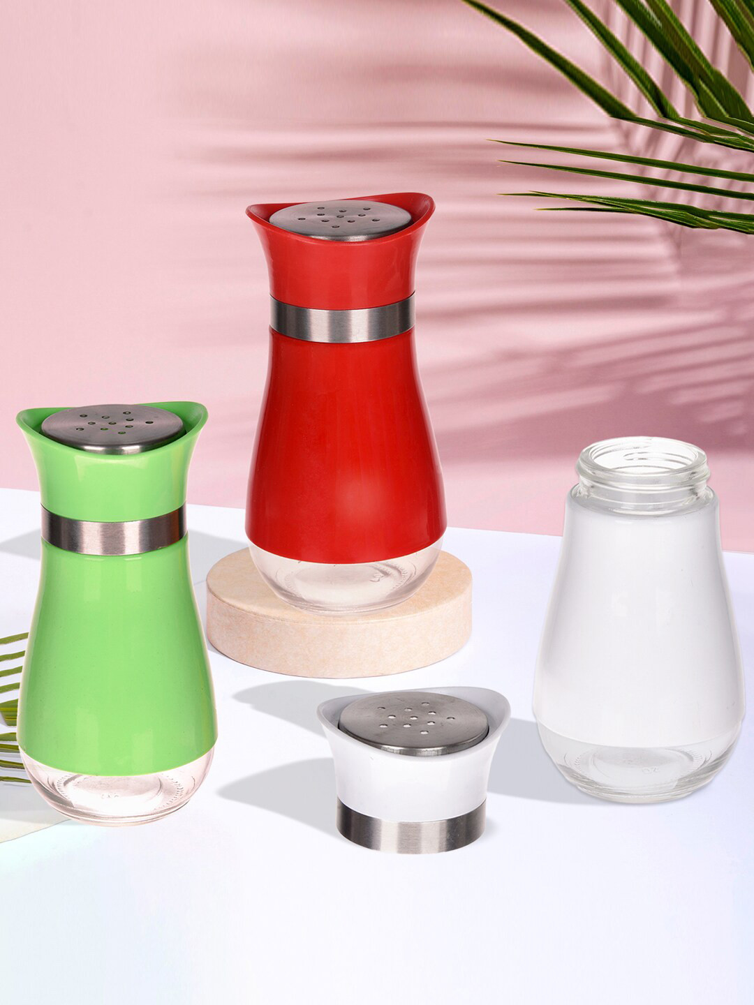 Kuber Industries Red & White 3 Pieces Salt Shaker Box Stainless Steel Kitchen Storage