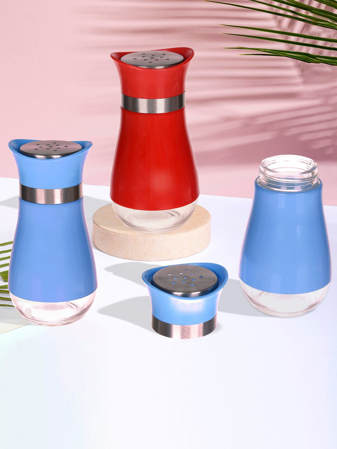 Kuber Industries Blue & Red 3 Pieces Stainless Steel Salt and Pepper Shakers