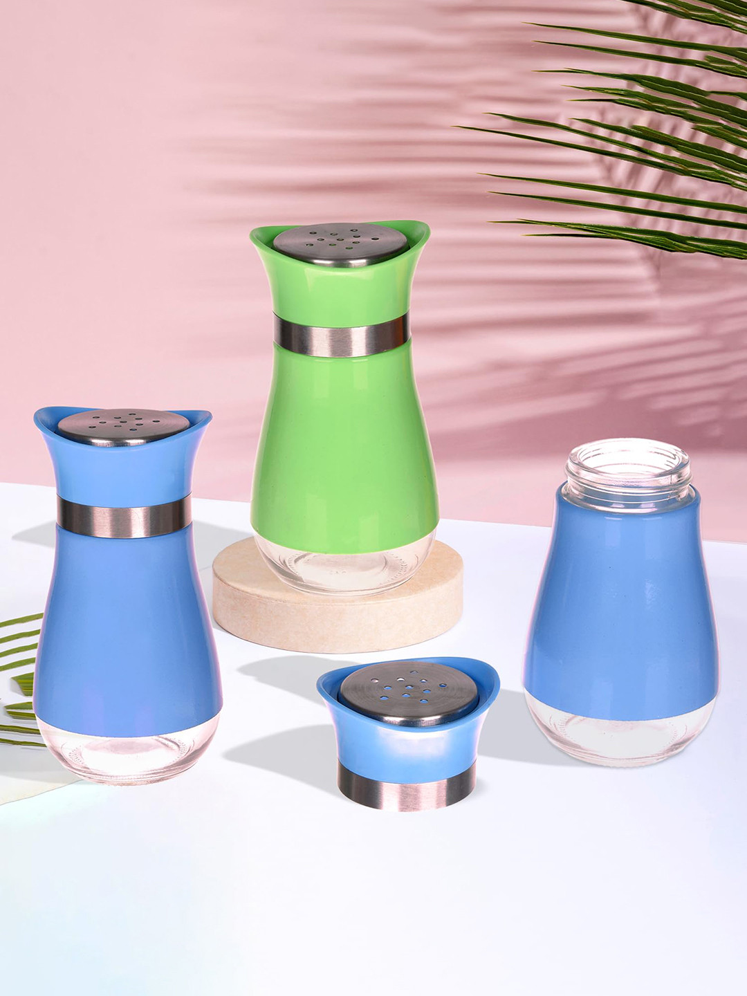 Kuber Industries Blue & Green 3 Pieces Stainless Steel Salt Shaker Box