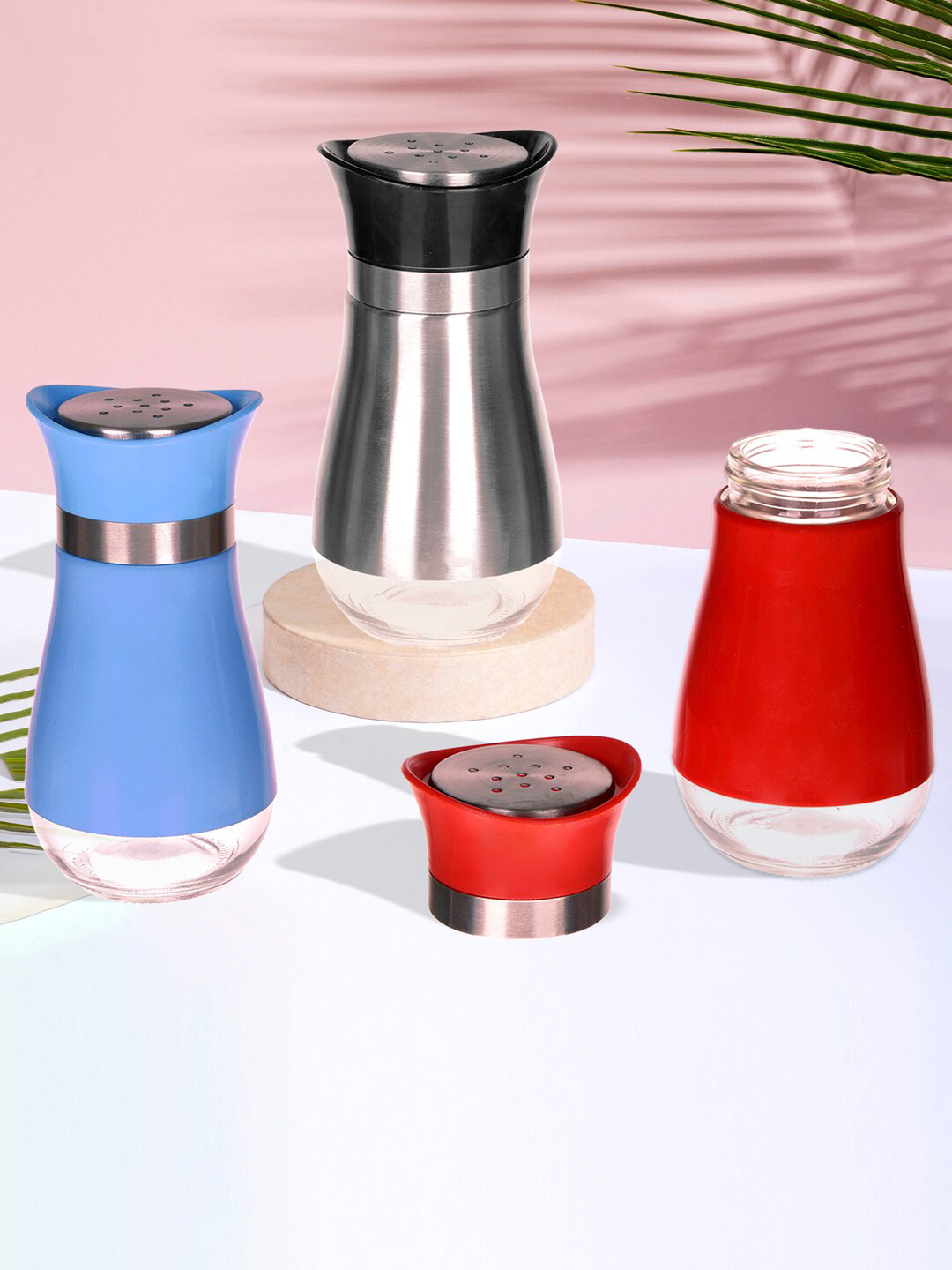 Kuber Industries Blue & Red 3 Pieces Stainless Steel Salt Shaker Box